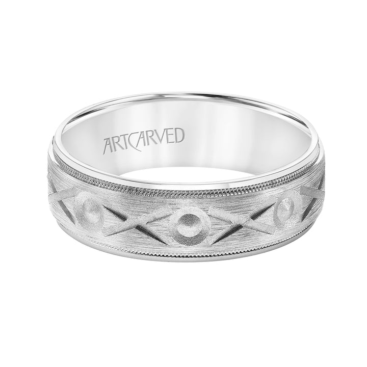 Mens Comfort Fit Wedding Band with Brushed Finish with Swiss Cut XO Design Center with Pearling Detail and Matte Round Edge