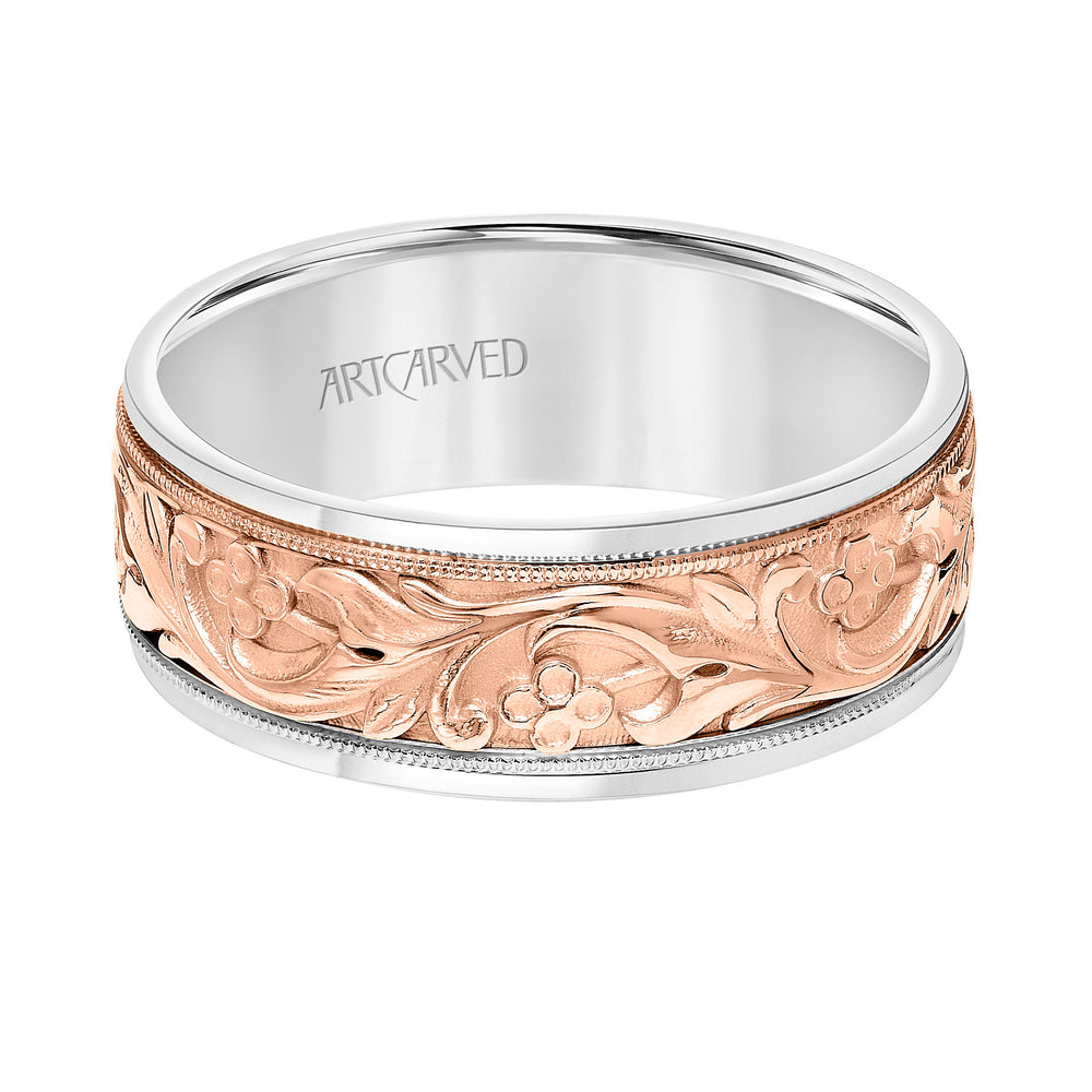 8MM Lyric Collection Mens Wedding Band - Milgrain Detail and Round Edge
