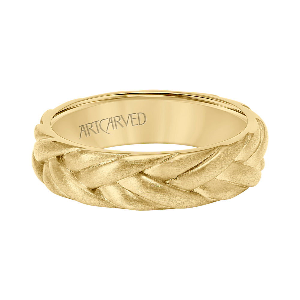 6MM Mens Wedding Band - Brush Finish with Braided Design and Flat Edge