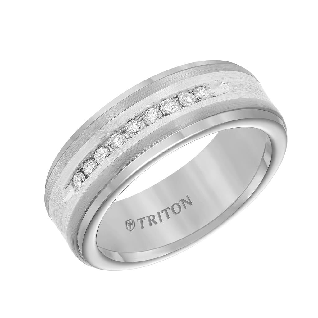 21-2218SC-G.02 - Goldman - 8mm Tungsten Carbide Step Edge Comfort Fit Band with Satin Finish Silver Inlay and Channel Set diamonds.