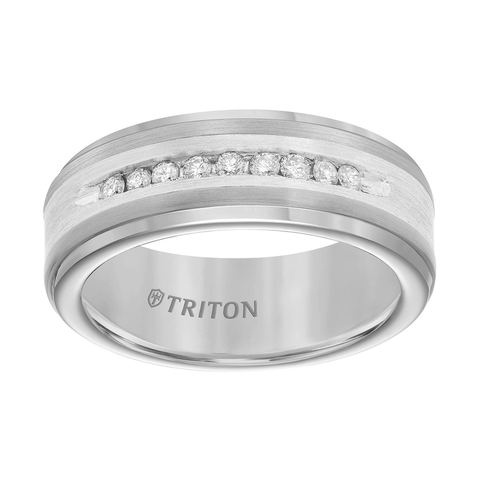 21-2218SC-G.02 - Goldman - 8mm Tungsten Carbide Step Edge Comfort Fit Band with Satin Finish Silver Inlay and Channel Set diamonds.