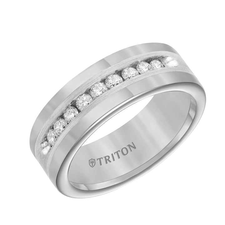 21-2388SC-G.00 - Goldman - 8mm Tungsten carbide comfort fit wedding band with Satin finish silver inlay and channel set diamonds.