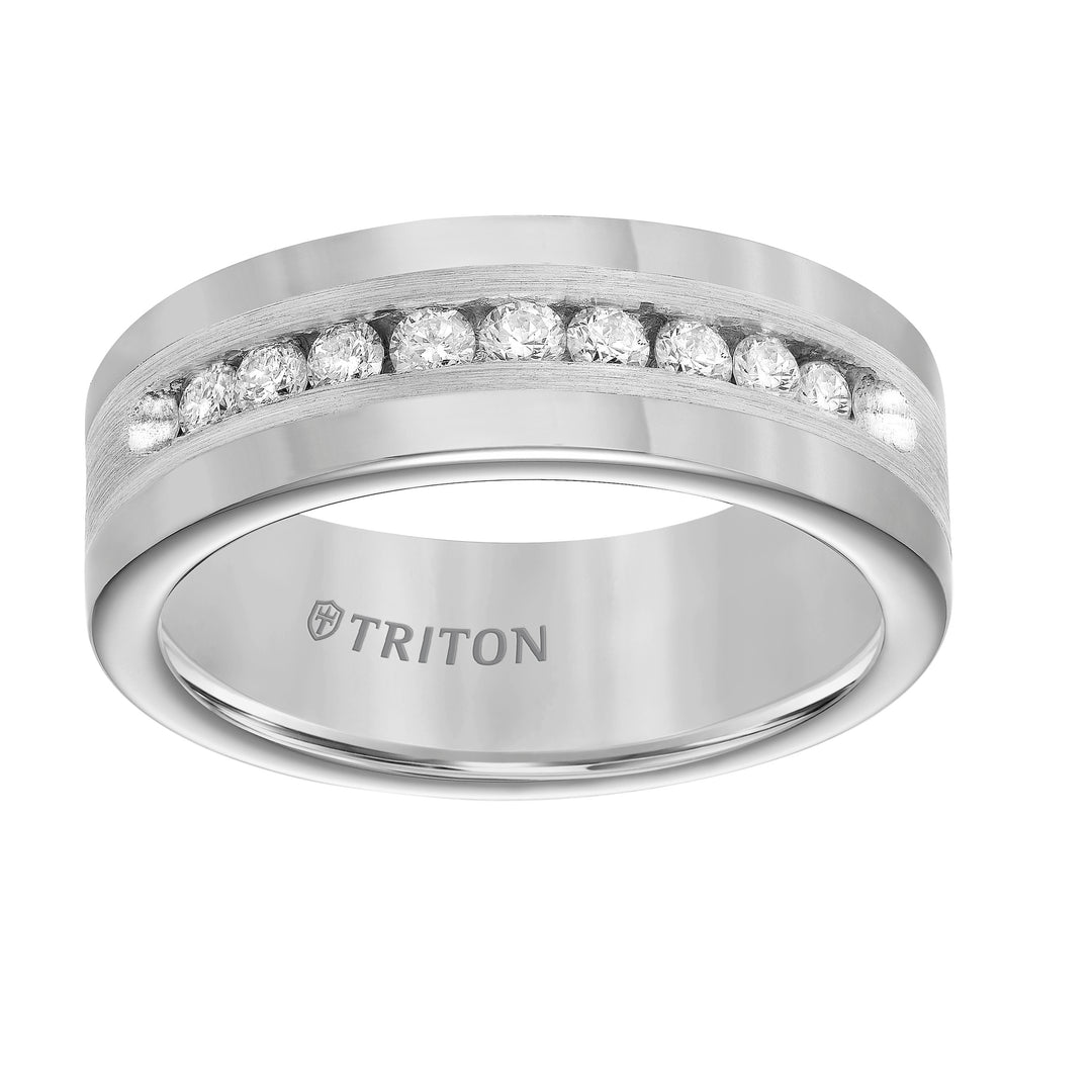 8mm Tungsten carbide comfort fit wedding band with Satin finish silver inlay and channel set diamonds.