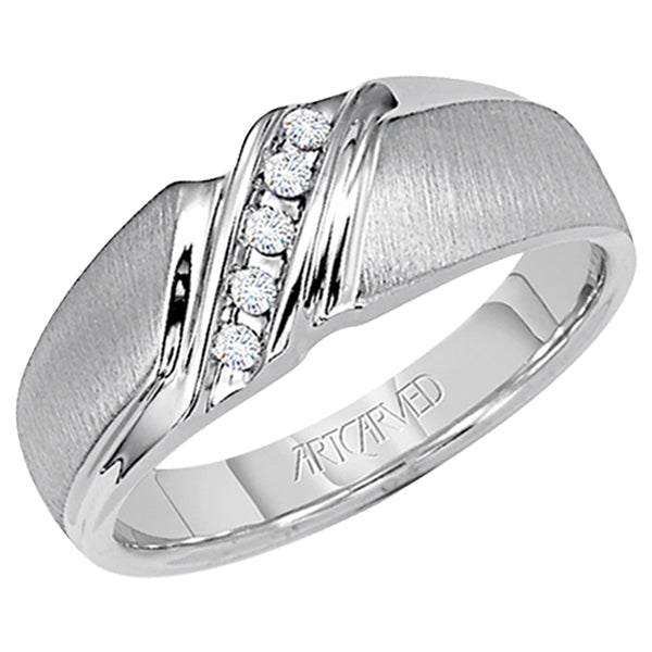 21-V22023-G - ARTCARVED - Comfort Fit weddding band with tension set diamonds and vertical brushed finish