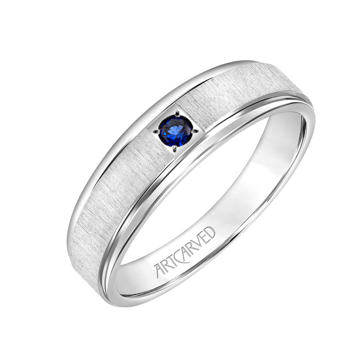 21-V3105S-G - ARTCARVED - Comfort Fit wedding band with single sapphire, vertical brushed finish and bright, rolled edges.