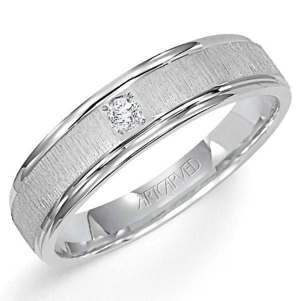 21-V3105-G - ARTCARVED - Comfort Fit wedding band with single diamond, vertical brushed finish and bright, rolled edges