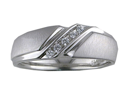 Comfort Fit weddding band with tension set diamonds and vertical brushed finish