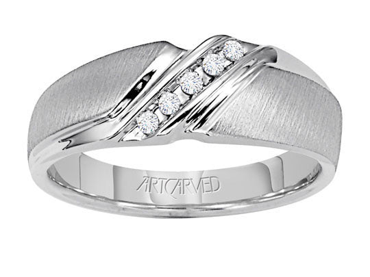 21-V22023-G - ARTCARVED - Comfort Fit weddding band with tension set diamonds and vertical brushed finish