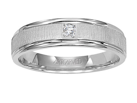 Comfort Fit wedding band with single diamond, vertical brushed finish and bright, rolled edges