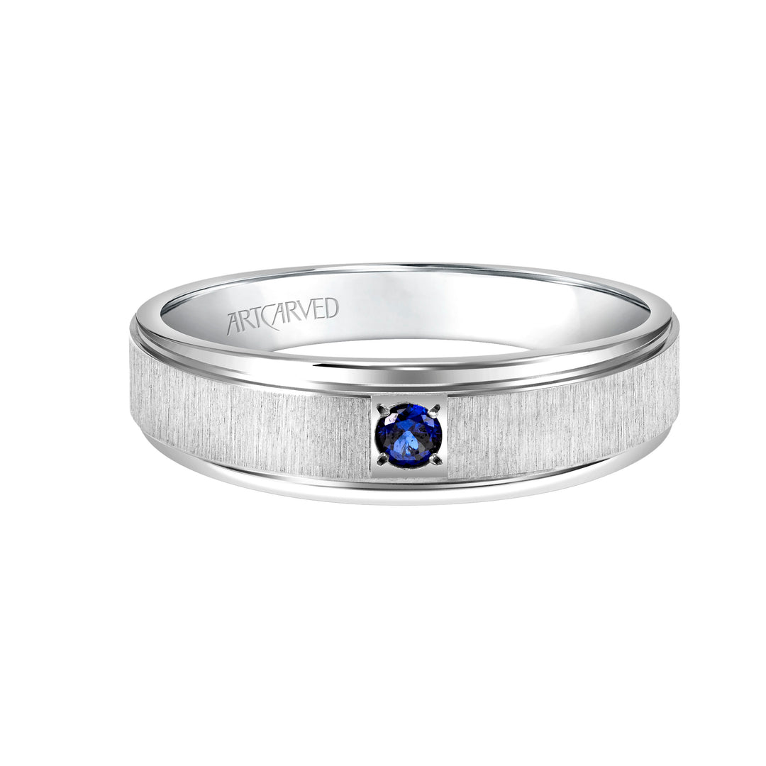 21-V3105SW6-G.00 - ARTCARVED - Comfort Fit wedding band with single sapphire, vertical brushed finish and bright, rolled edges.