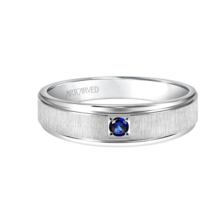 21-V3105SW6-G.00 - ARTCARVED - Comfort Fit wedding band with single sapphire, vertical brushed finish and bright, rolled edges.