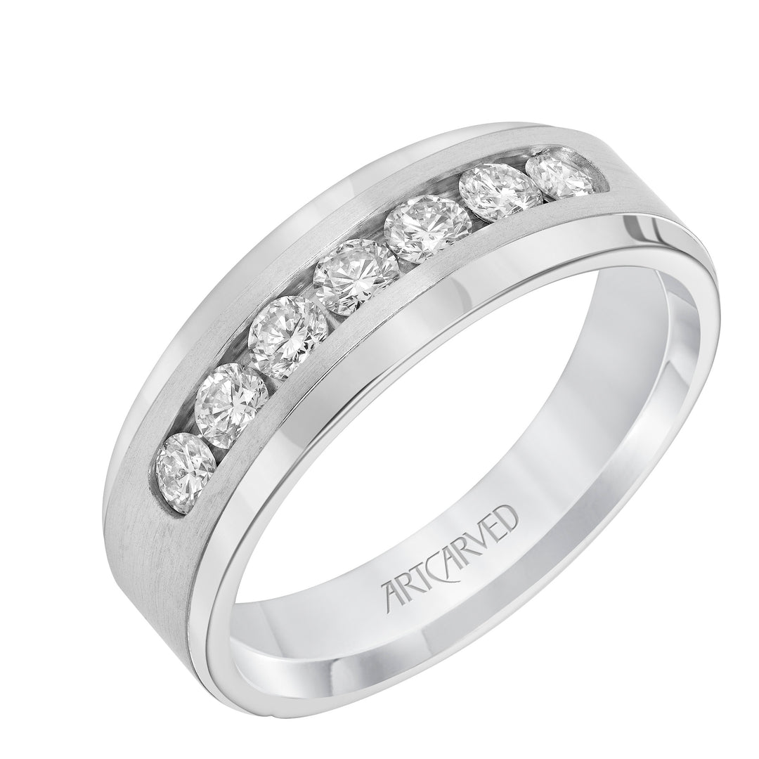Channel Set Diamond Wedding Band with Beveled Edge and Tapered Band
