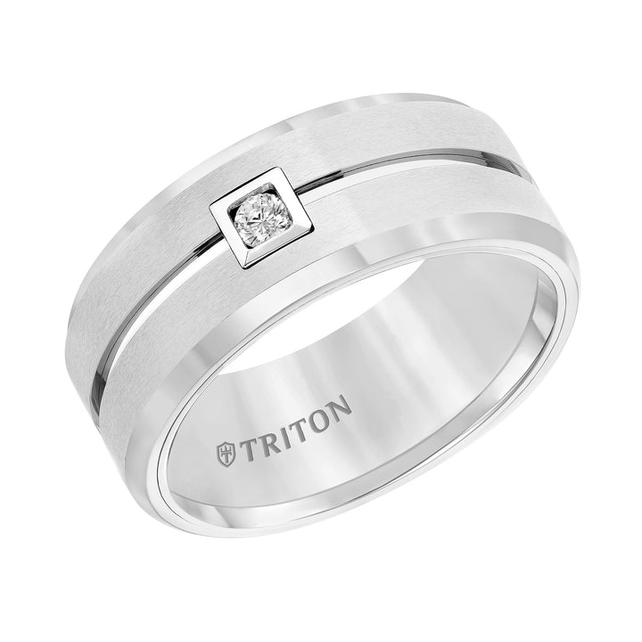 9MM White Tungsten Carbide Flat Comfort fit band. Horizontal Brush Finish with Bright Polished recessed center groove and Bevel Edge. Single Round Diamond set in a Square Bezel.