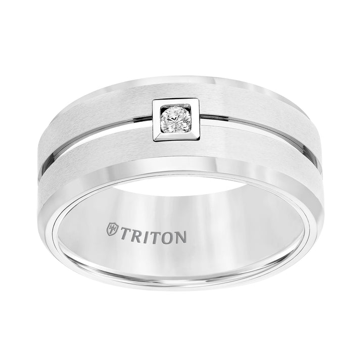 9MM White Tungsten Carbide Flat Comfort fit band. Horizontal Brush Finish with Bright Polished recessed center groove and Bevel Edge. Single Round Diamond set in a Square Bezel.