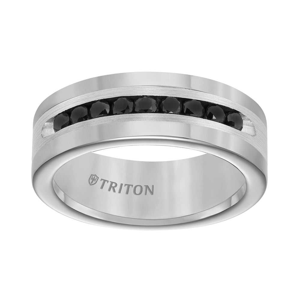 22-4633SC-G.00 - Goldman - 8MM Bright Polished Tungsten Carbide Comfort Fit band with Brush Finish Silver Inlay and 1/2 carat of Channel Set Black Diamonds.