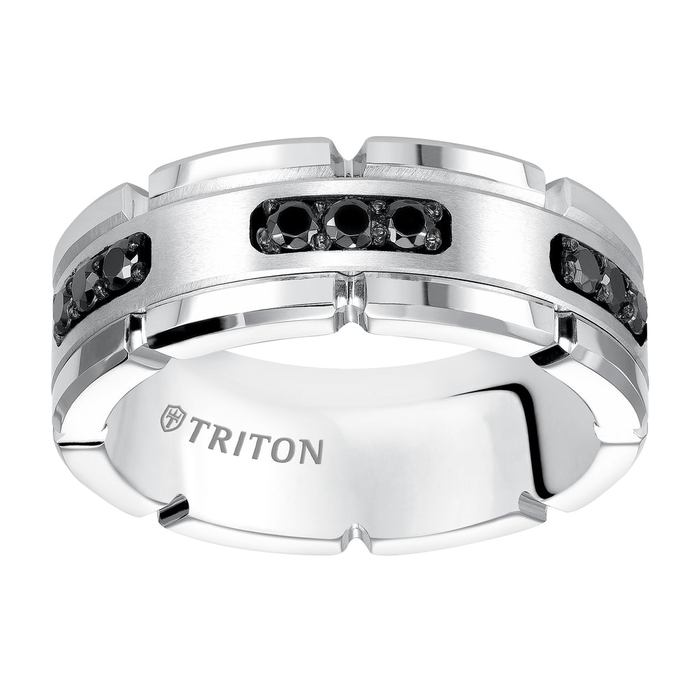 8mm White Tungsten Carbide Ring with Black Diamond Satin Center and Link Edge