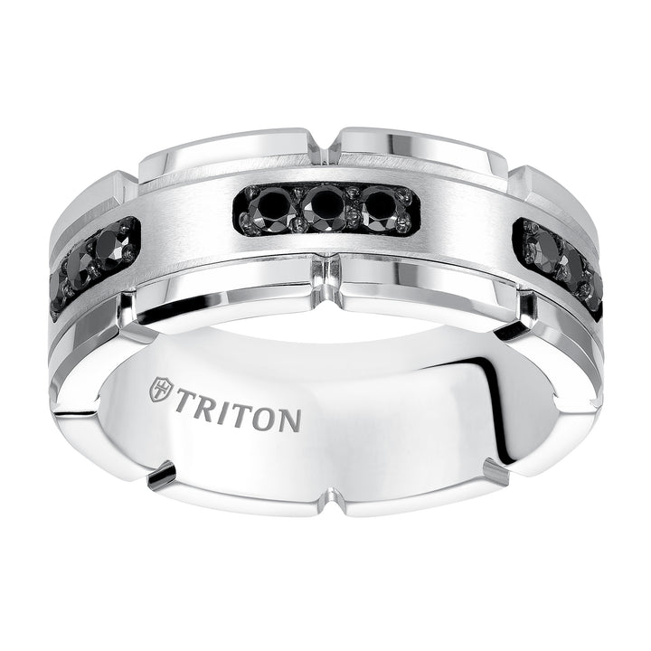8mm White Tungsten Carbide Ring with Black Diamond Satin Center and Link Edge