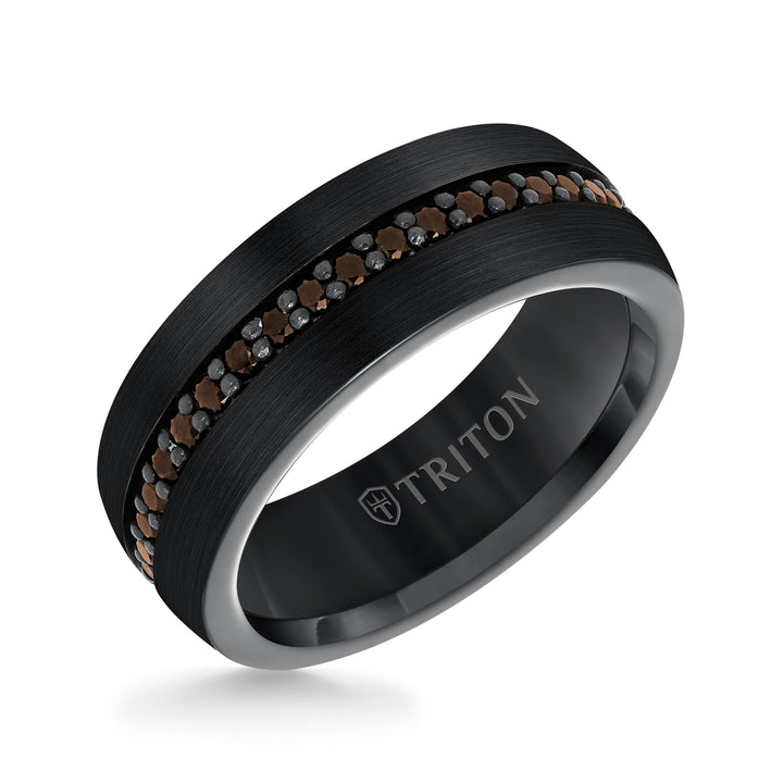 8MM Comfort Fit Black Tungsten All Around Smokey Quartz Sapphire Band