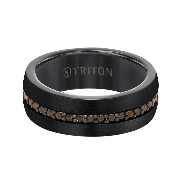 8MM Comfort Fit Black Tungsten All Around Smokey Quartz Sapphire Band