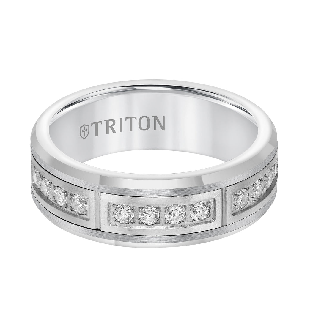 7mm Comfort Fit White Tungsten Band with Channel Set Diamonds in Black PVD Coated Steel