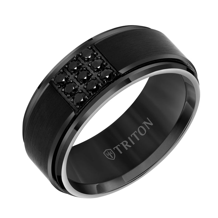9mm Black Tungsten Carbide Ring With Black Sapphires and Step Edge
