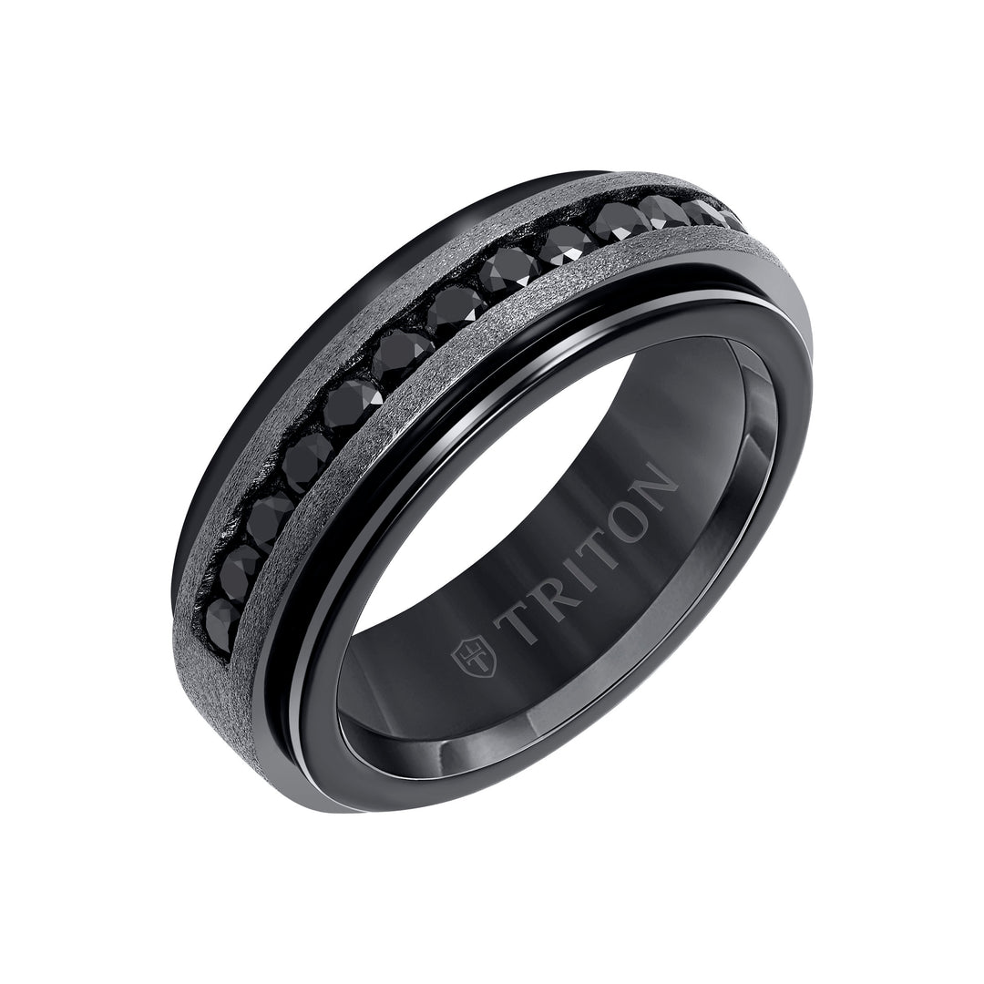 8mm Black Tungsten Carbide Ring with Black Sapphire Channel Set Silver Satin Finish