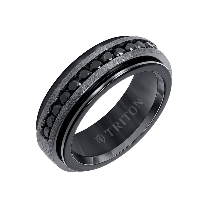 8mm Black Tungsten Carbide Ring with Black Sapphire Channel Set Silver Satin Finish
