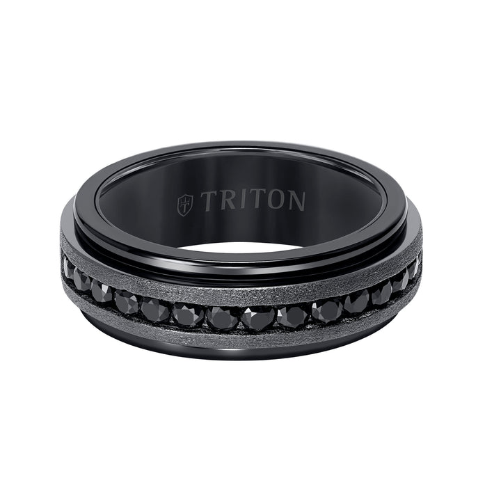 8mm Black Tungsten Carbide Ring with Black Sapphire Channel Set Silver Satin Finish