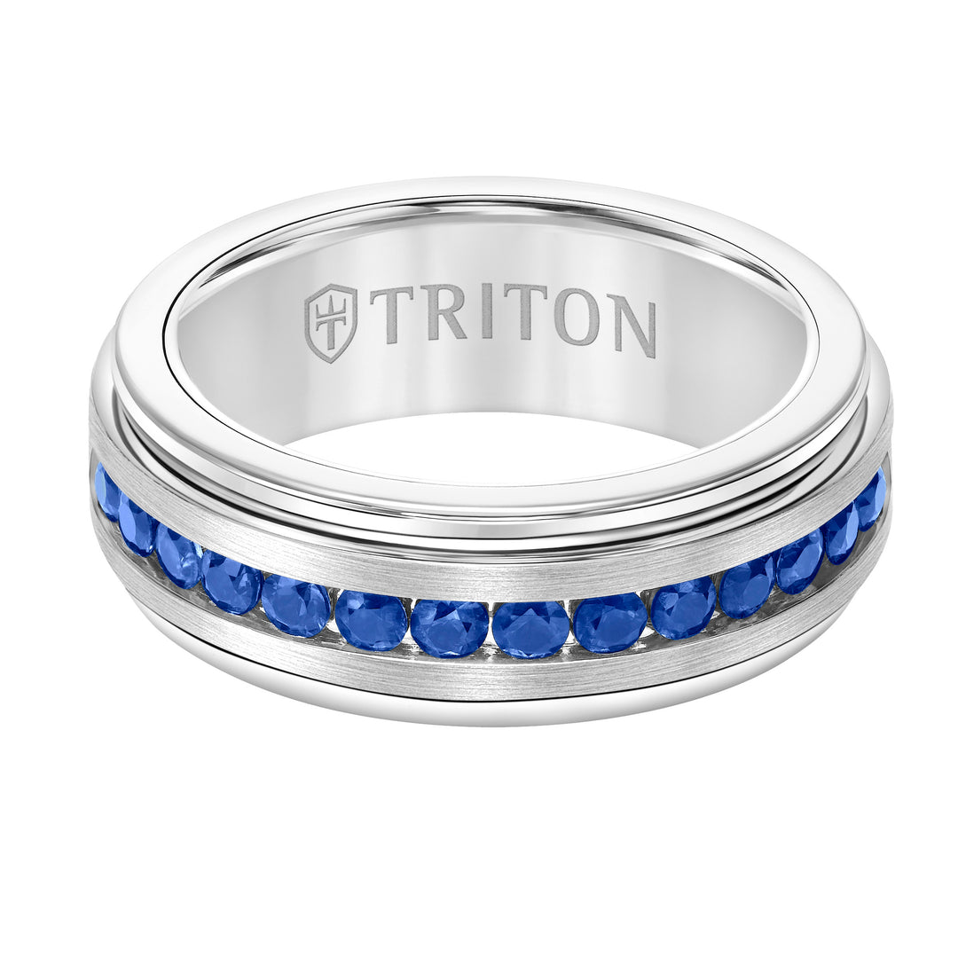 8mm White Tungsten Carbide Ring with Blue Sapphires Channel Set Silver Satin Finish