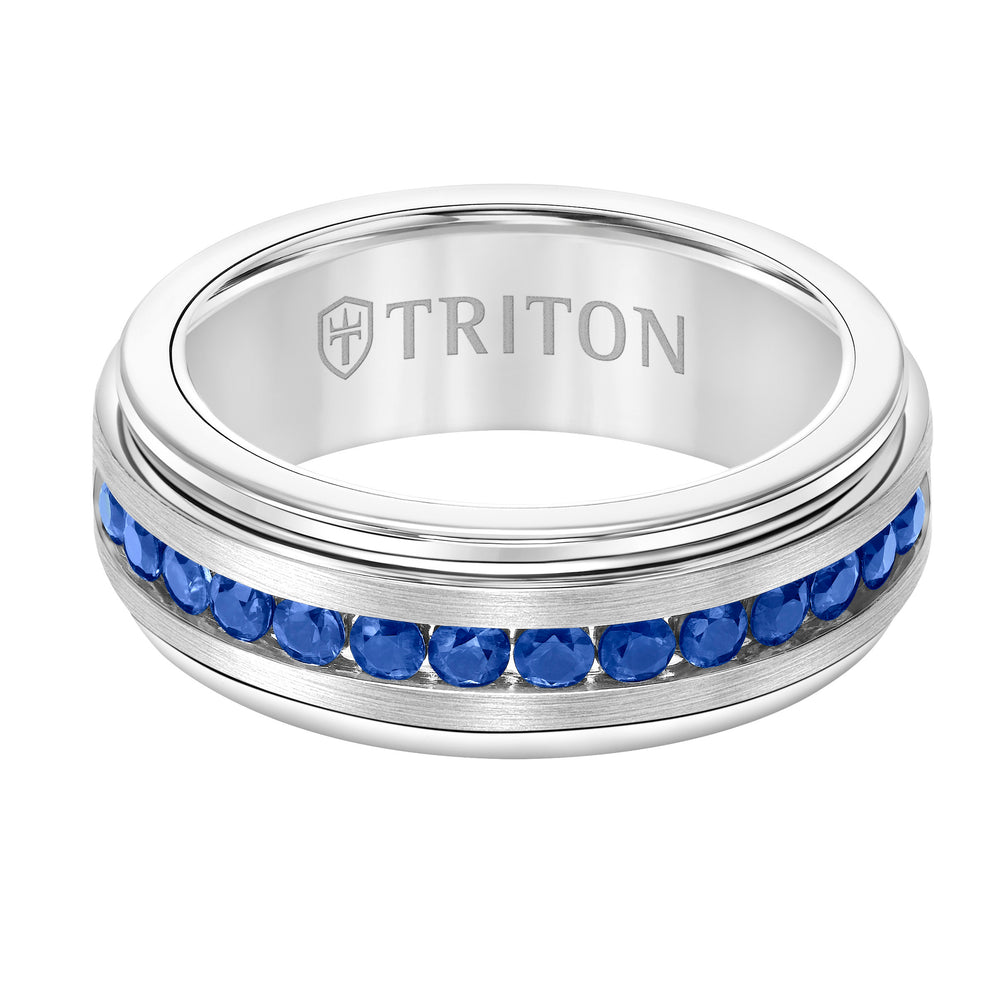 8mm White Tungsten Carbide Ring with Blue Sapphires Channel Set Silver Satin Finish
