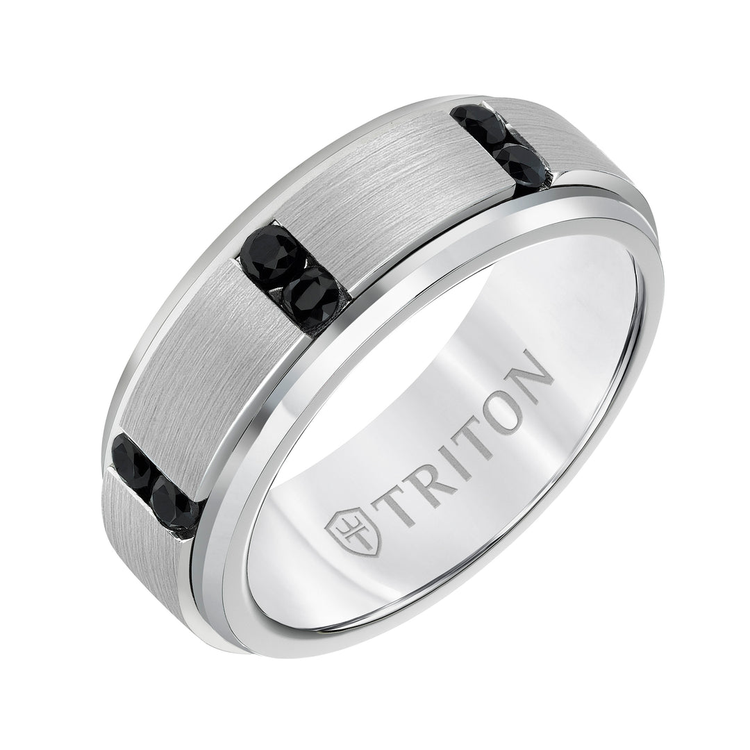 22-6091BWCS-G.00 - Goldman - 8MM White Tungsten Black Sapphire Ring - Vertical Channel Set Silver Satin Finish and Bevel Edge
