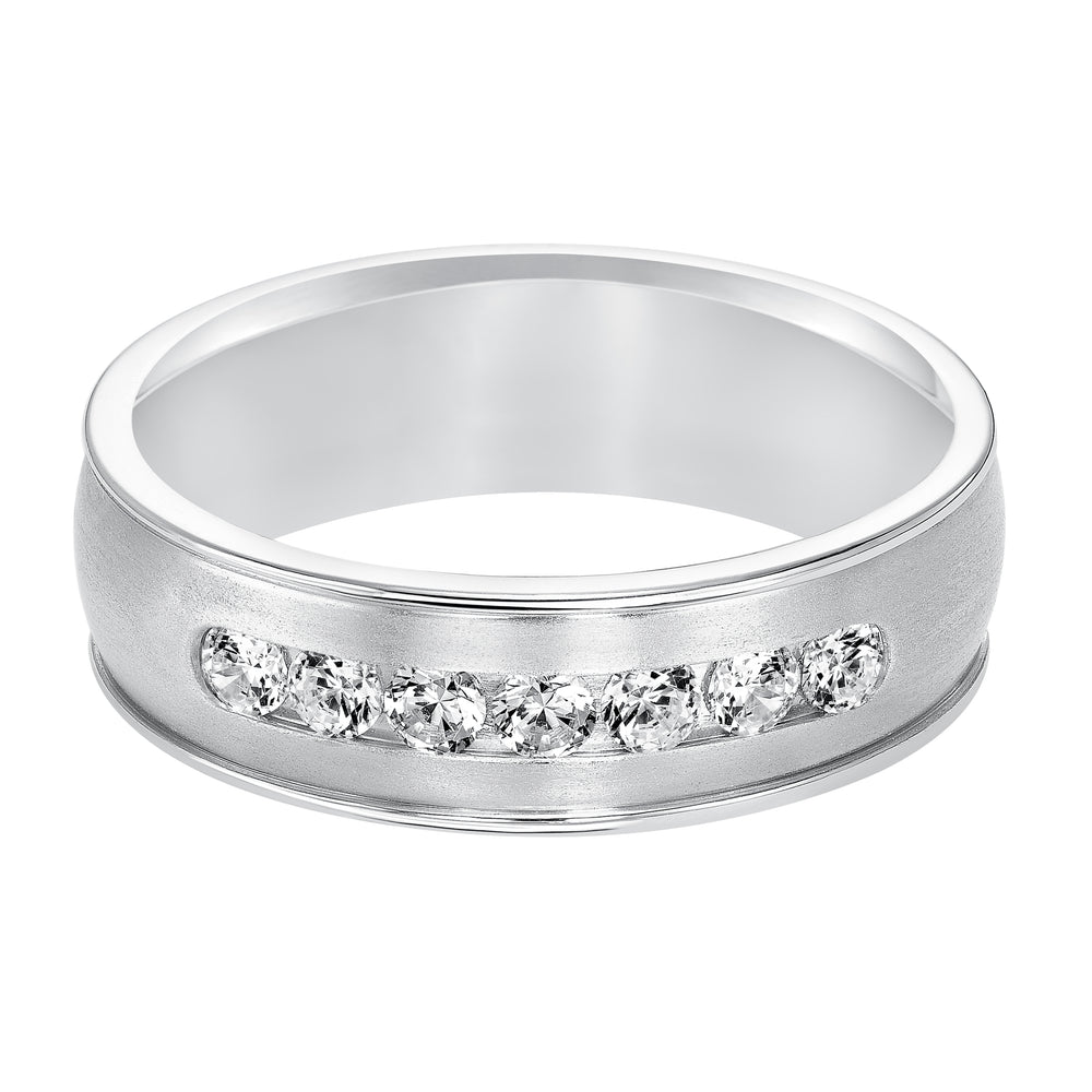 Distinct yet timeless, this low-domed, Comfort Fit, 7 stone diamond wedding band features satin finish with round edges