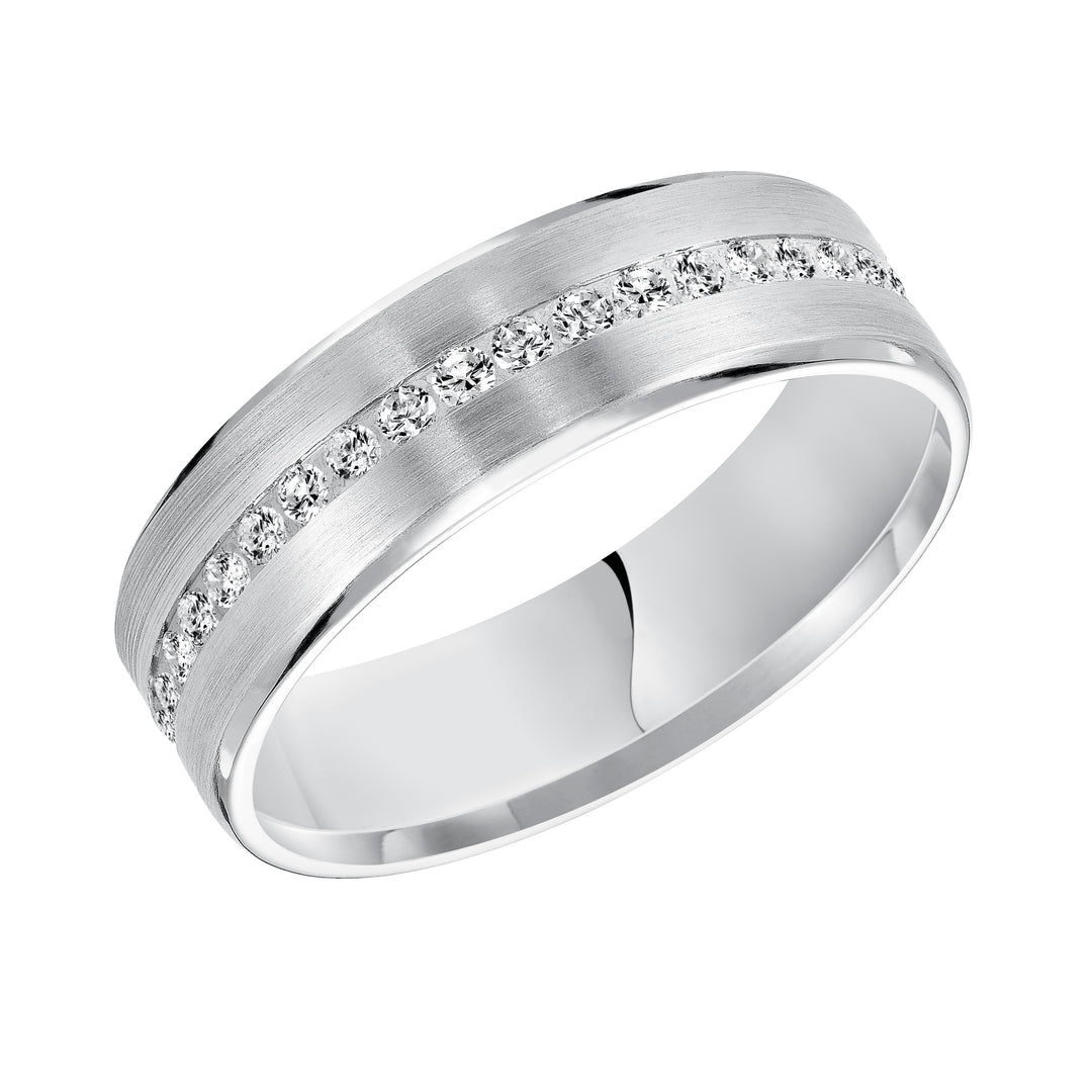 An Exquisite Row Diamonds Satin Finish and Rolled Edges Perfect the Luxurious Design of this Comfort Fit Wedding Band