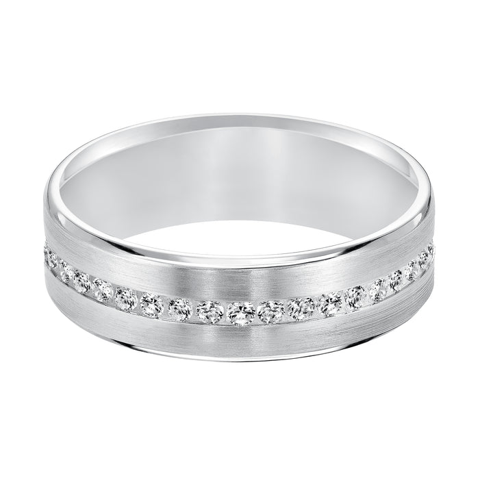 An Exquisite Row Diamonds Satin Finish and Rolled Edges Perfect the Luxurious Design of this Comfort Fit Wedding Band
