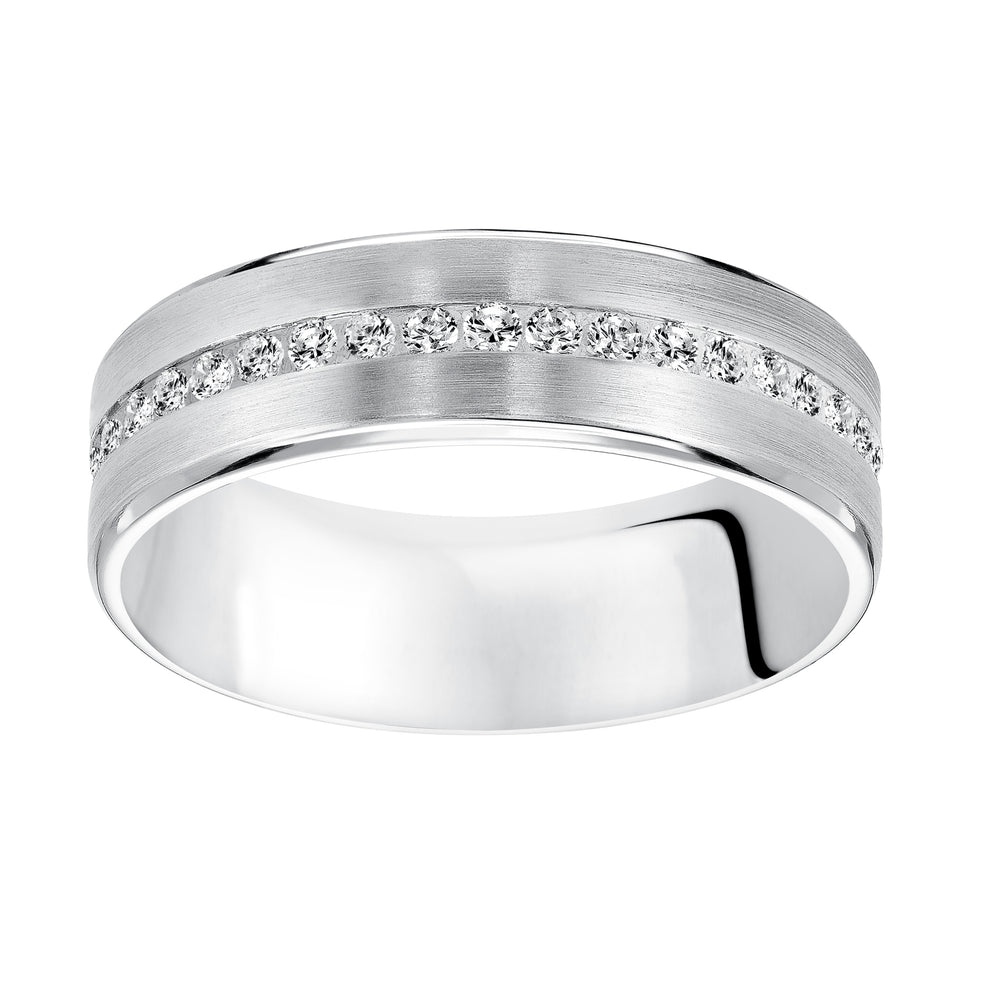 22-8107W-G.04 - Goldman - An Exquisite Row Diamonds Satin Finish and Rolled Edges Perfect the Luxurious Design of this Comfort Fit Wedding Band