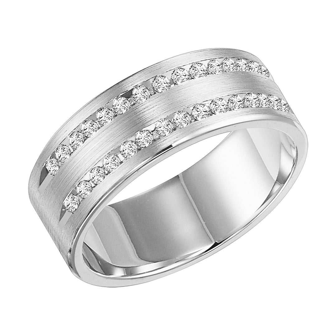 22-8191W-G.00 - Goldman - This 2 row, 30 stone diamond wedding band is Comfort Fit and features a satin finish and rolled edges for a grand look sure to make a statement