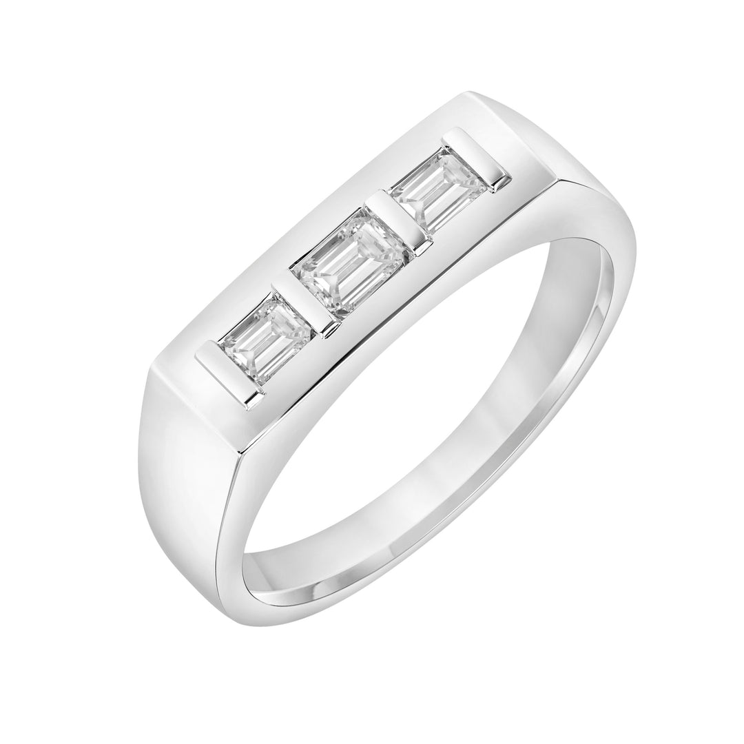 2.8mm Mens Modern Polished Signet Band with Three-Stone Emerald Lab-Grown Diamonds