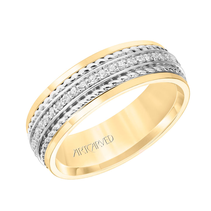 22-V8730YW7-G.01 - ARTCARVED - 7MM Wedding Band with Polished Finish and Double Rope with Diamond Center Inlay Detail