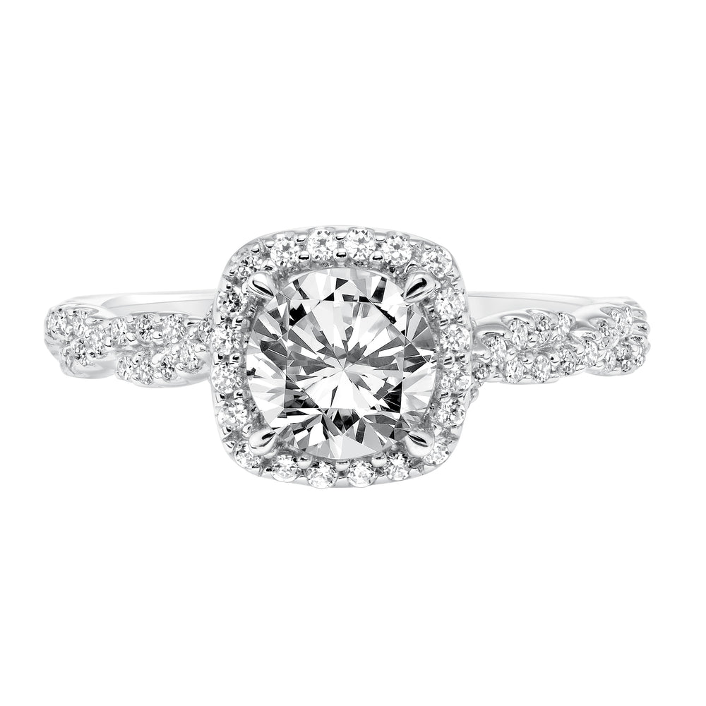 Contemporary Diamond Halo with Twisted Shank Engagement Ring