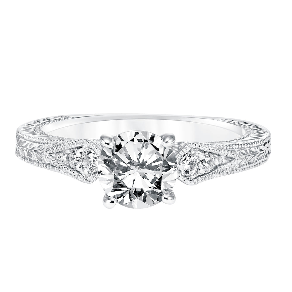 Diamond Prong Set Engagement Ring with Pinched Diamond Engraved  Shank and Milgrain Detail