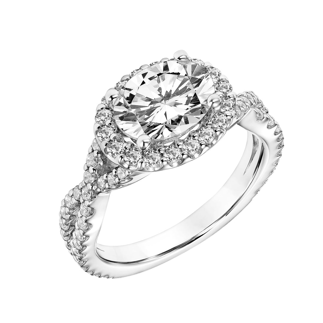 Diamond Halo Engagement Ring with Twisted Diamond Shank