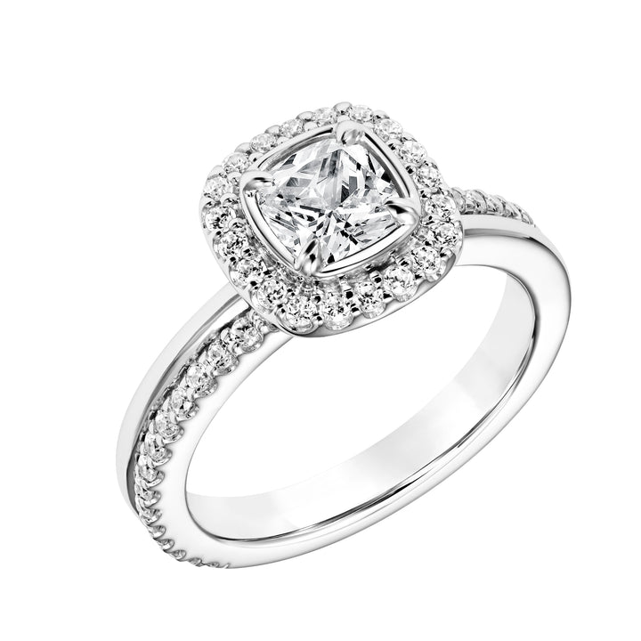 Diamond Halo Engagement Ring with Bezel Set Center and Double Row Asymmetrical Diamond and Polished Shank.  Center Stone is not included.