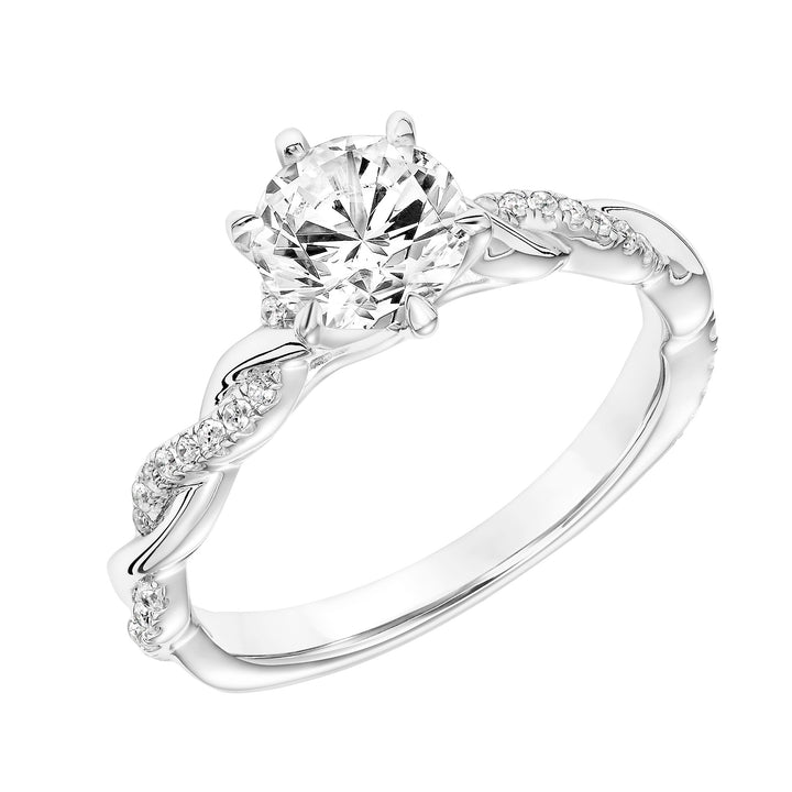 Six Prong Diamond Engagement Ring with Half Diamond  Half Polished Twisted Shank .  Center Stone is not included.