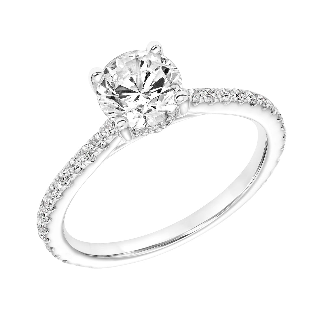Classic Cathedral Setting Engagement Ring with Hidden Halo and Diamond Shank.  Center Stone is not included.