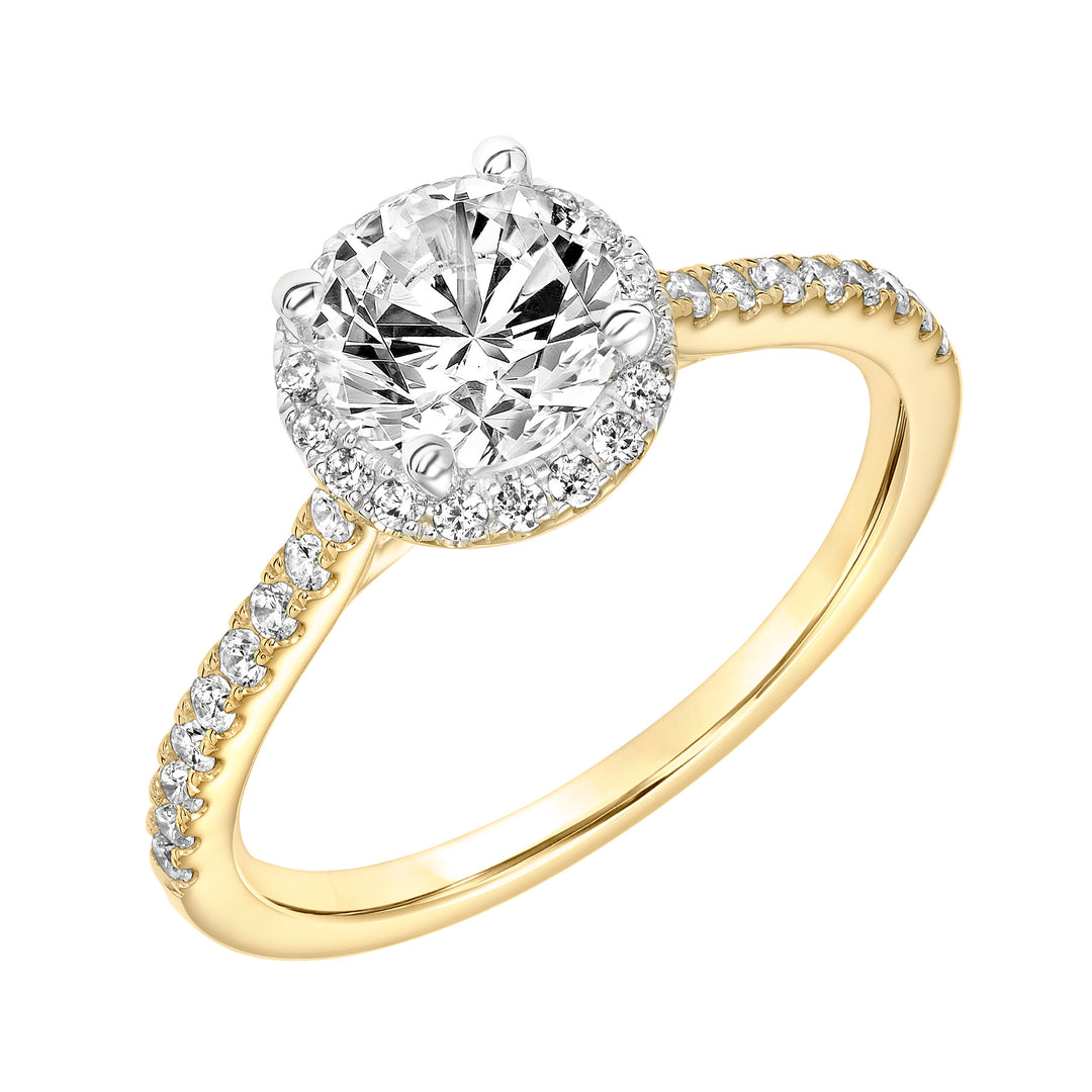 Classic Round Diamond Halo Engagement Ring with Two-Tone Prongs and Diamond Shoulders