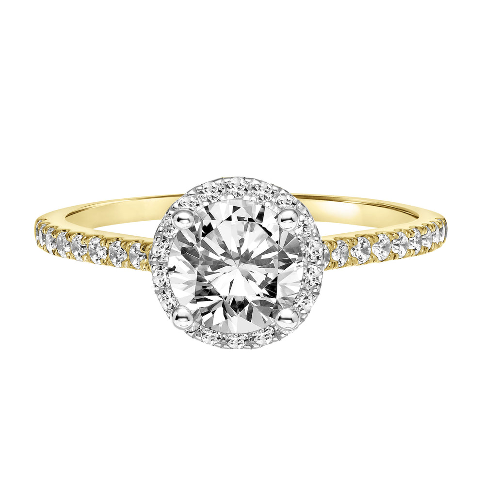 Classic Round Diamond Halo Engagement Ring with Two-Tone Prongs and Diamond Shoulders