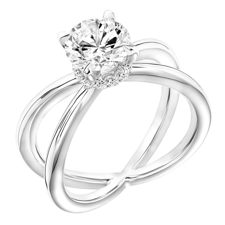 Diamond Solitaire Engagement Ring with Diamond Collar and X-Shape Polished Shank.  Center Stone is not included.