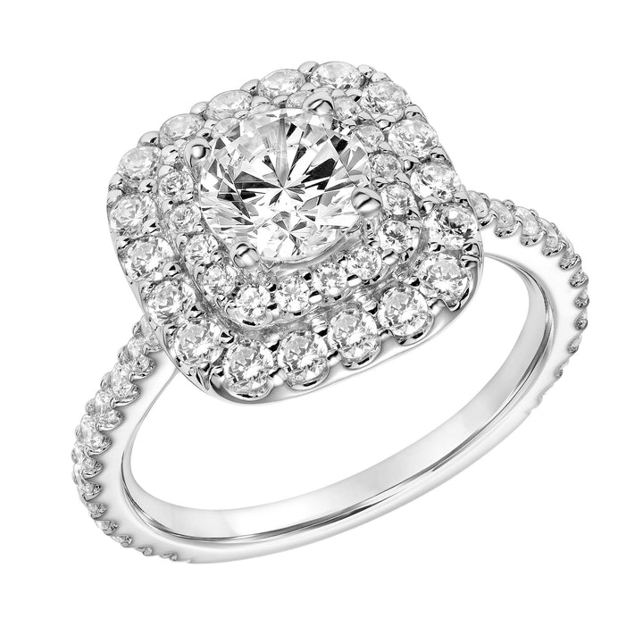 Cushion Shape Double Row Diamond Halo Engagement Ring with Diamond Shank.  Center Stone is not included.
