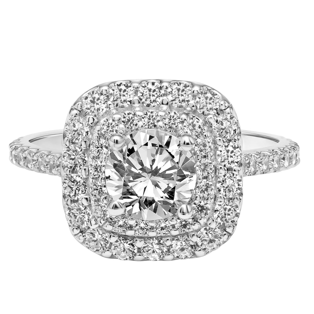 Cushion Shape Double Row Diamond Halo Engagement Ring with Diamond Shank.  Center Stone is not included.