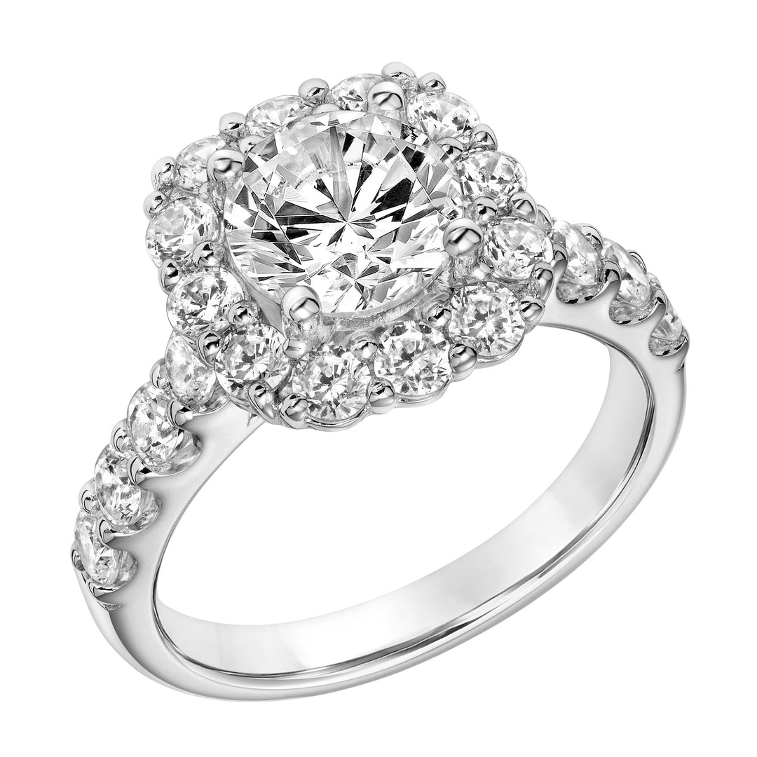 Cushion Shape Diamond Halo Engagement Ring with Diamond Shank.  Center Stone is not included.